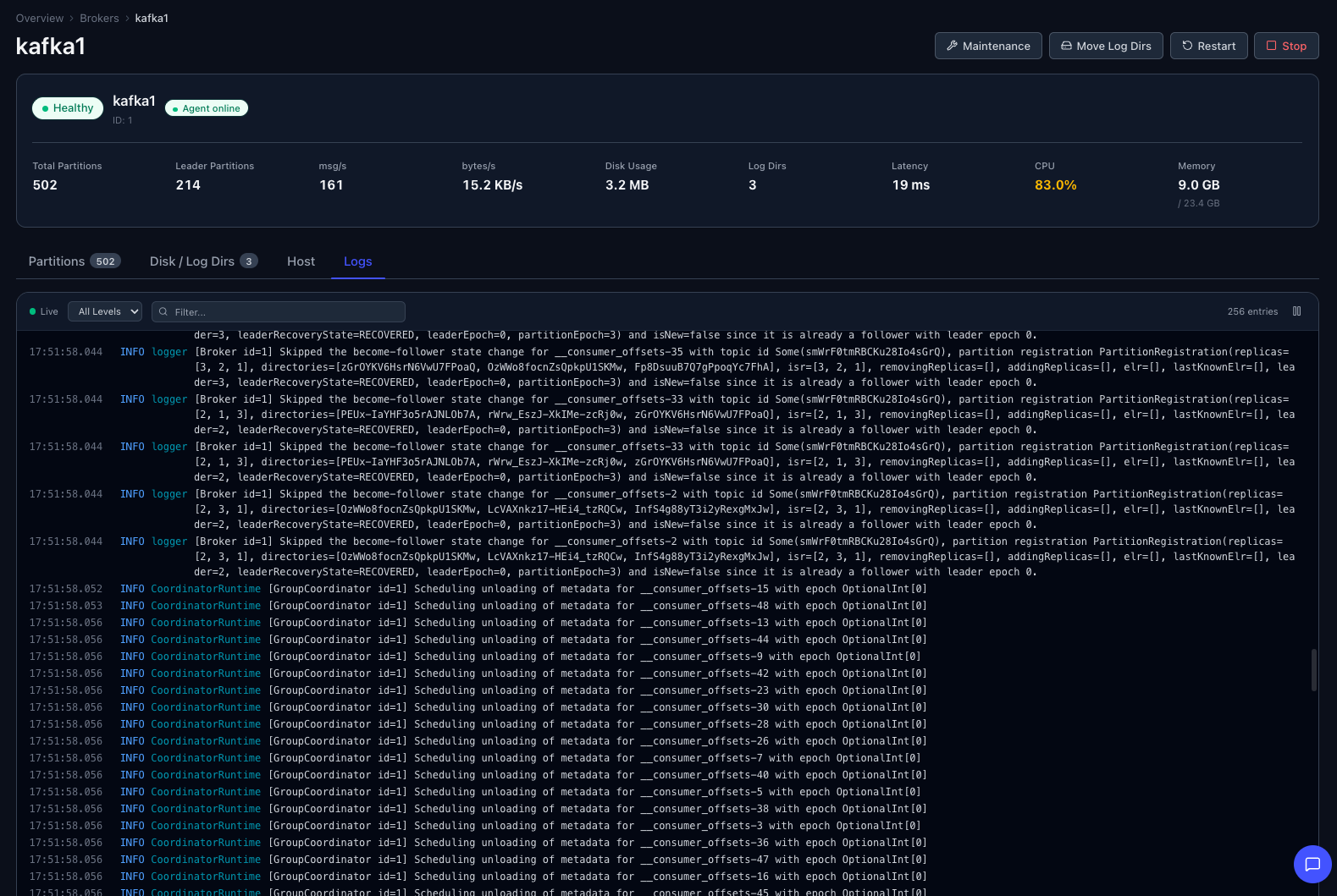Pilot broker view on the Logs tab streaming live Kafka broker log lines with timestamps, severity, and message content.